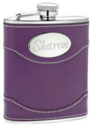 Engraved Purple Genuine Leather Flask