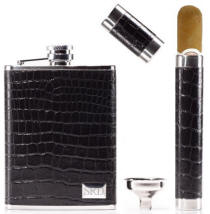 Leather Wrapped Flask and Cigar Tube Set 